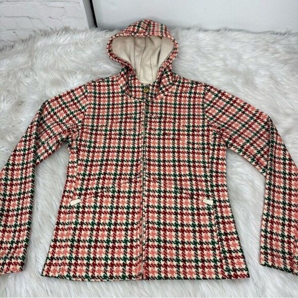 Burton Dryride Fleece Hoodie Womens Medium Red Green Houndstooth Full Zip Jacket - Picture 10 of 13